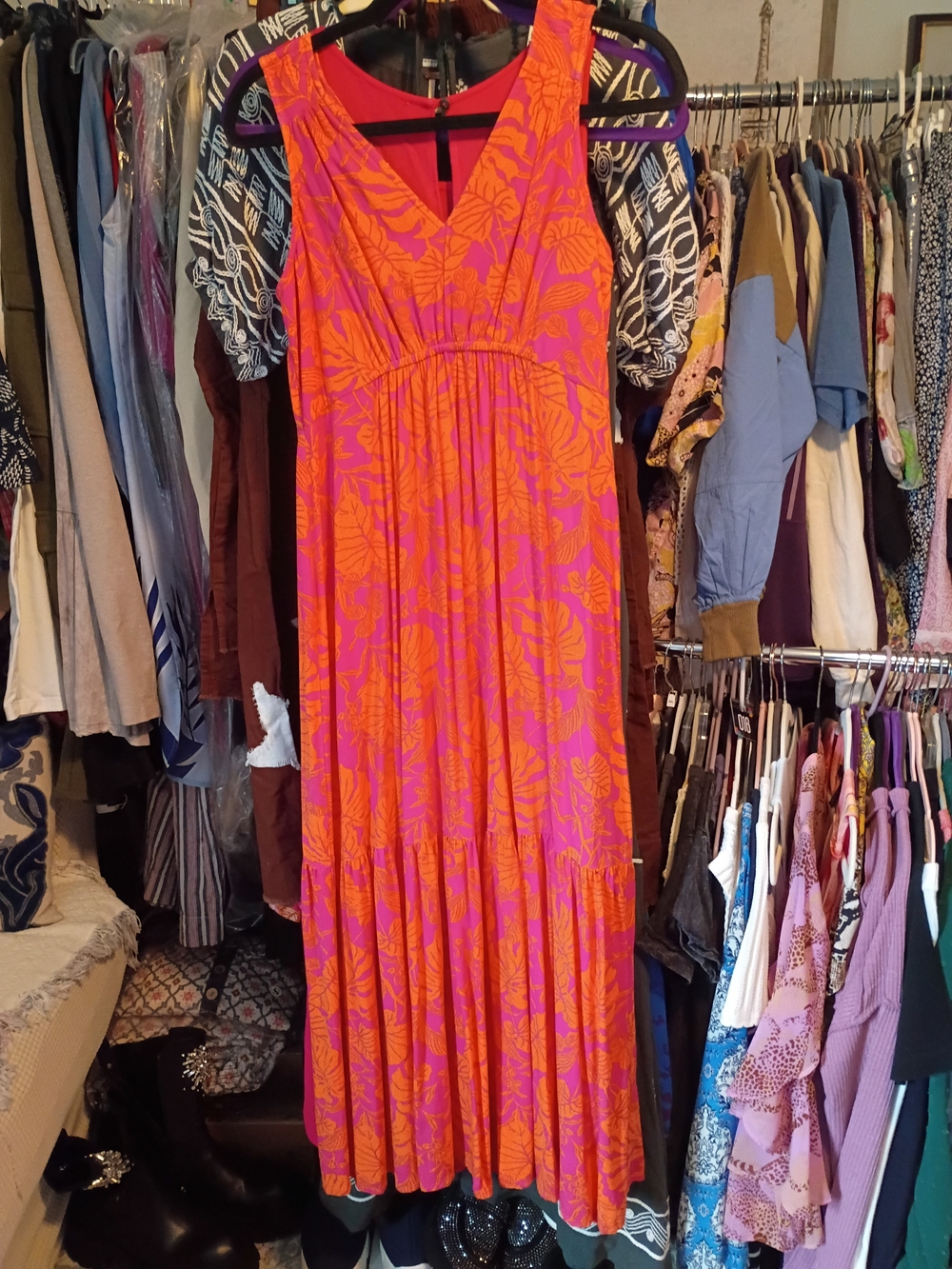 Joules Orange and Pink Floral V‑Neck Maxi Dress